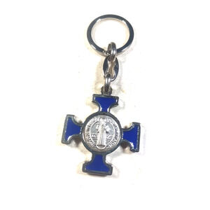 Catholic Religious Cross Keychain Silver Tone Blue Saint Enamel